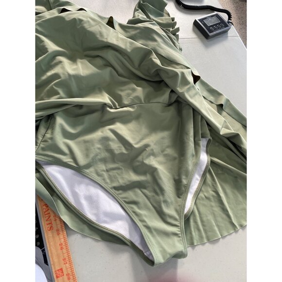 One Piece Swim Dress Size XL Cutout Ruffle Sleeve Vneck Bathing Suit Green Beach - Picture 6 of 6